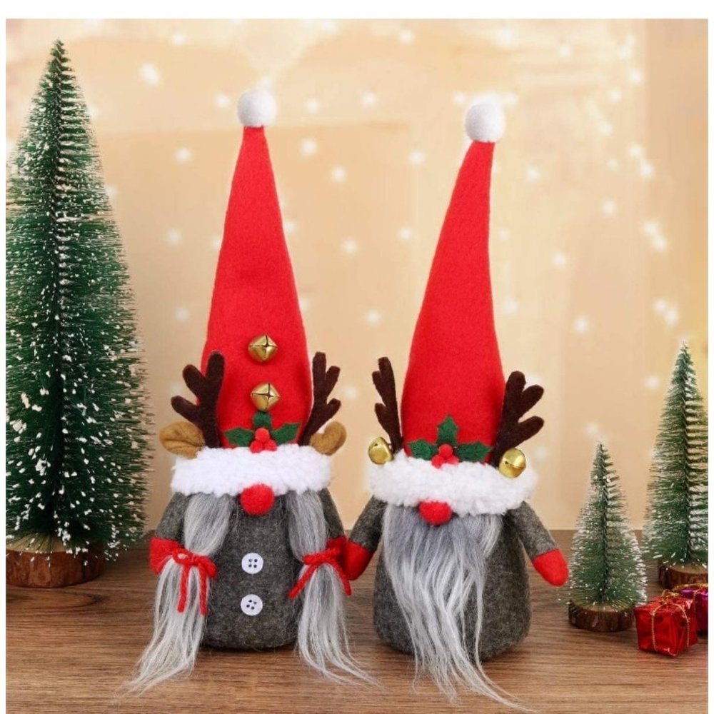 D-FantiX 2Pack Reindeer Christmas Gnomes Plush with Bell, Handmade Swedish Tomte